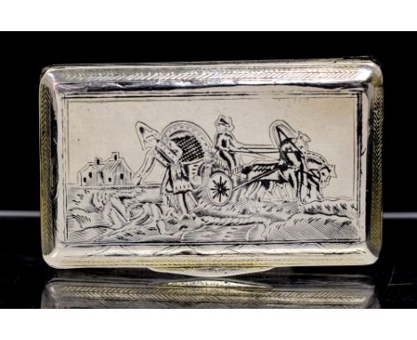 A 19th Century Russian silver and niello snuff box, the cover engraved with an agricultural scene, the sides and base with vi