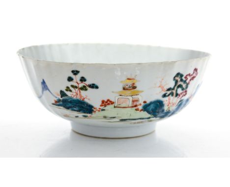 An 18th Century Chinese bowl, reeded form with landscape enamels to the exterior and interior, 22cm diameterProvenance: Edwar