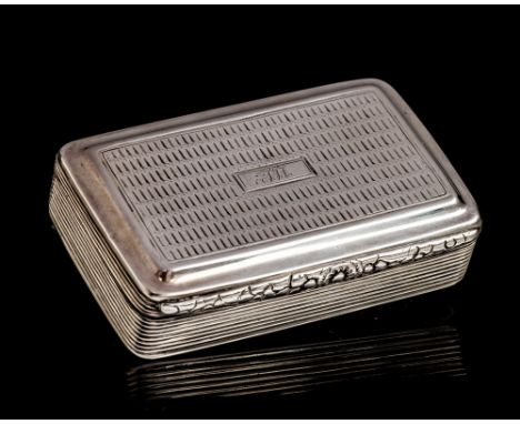 A Victorian silver snuff box, rectangular the cover and base with engine turned decoration, the sides chased with banding, fo