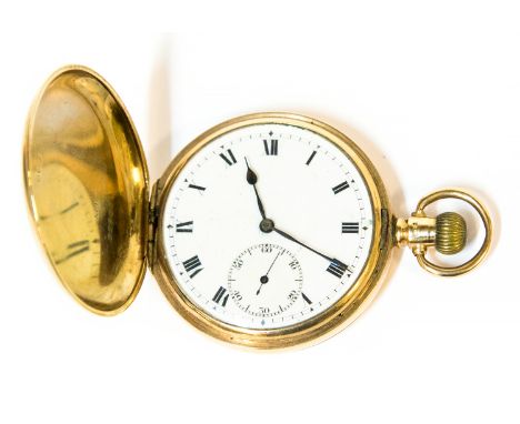 A 9ct gold full hunter pocket watch, 4.5cm white enamel dial with Roman numerals and subsidiary seconds dial, the casework Bi