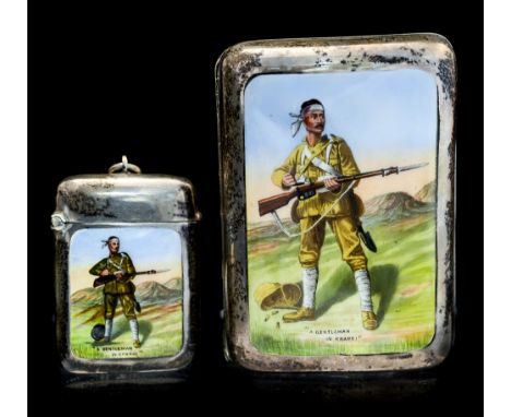 Boer War Interest, a late Victorian silver cigarette case and matching vesta case, enamel scenes depicting 'A Gentleman in Kh