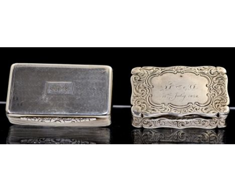 A Victorian silver snuff box, rectangular with bright-cut engraved decoration, reeded sides and foliate thumbpiece, gilt inte