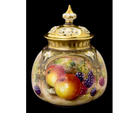 A Royal Worcester fruit painted pot pouri vase and cover, painted by Freeman, melon form with moulded arcading and reticulate