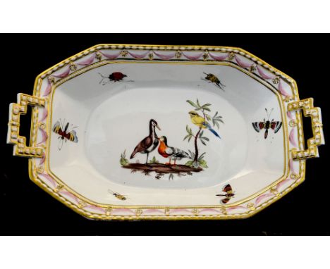 A Royal Worcester tray, hand painted with exotic birds and floral sprays within a ribbon helix and garland border, moulded bo