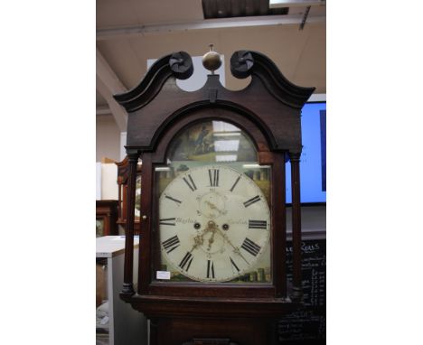 A George III oak eight day longcase clock, the hood with a swan neck pediment and enclosing a having a white dial