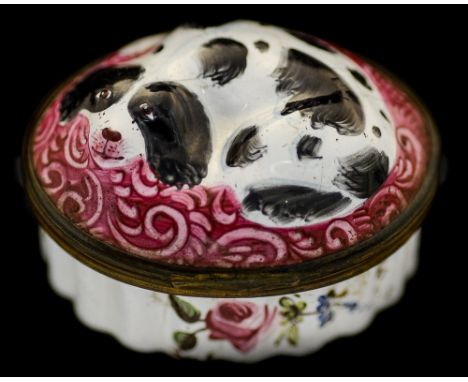 A late 18th Century Bilston enamel oval bonbonniere, circa 1770, the metal mounted hinged cover with a black and white King C