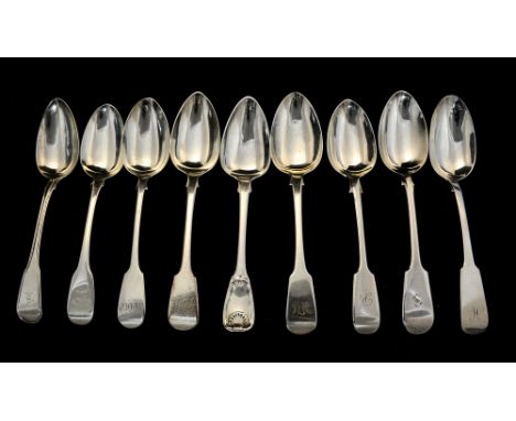 Nine 19th Century silver various Fiddle pattern table spoons, eight engraved on the handles, including two Scottish - R Gray 