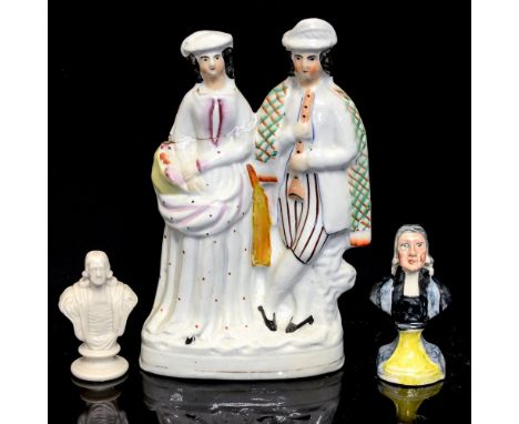 A Staffordshire Prattware miniature bust of John Wesley, together with a miniature parian bust and a Staffordshire flatback f