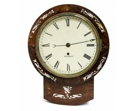 A mid 19th Century rosewood drop-dial wall clock by Wigmore, 20cm circular white painted Roman numeral dial, mother of pearl 