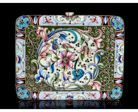 A Russian, silver cloisonne pocket cigarette case, circa 1910, the exterior decorated with scrolling foliage in the Art Nouve