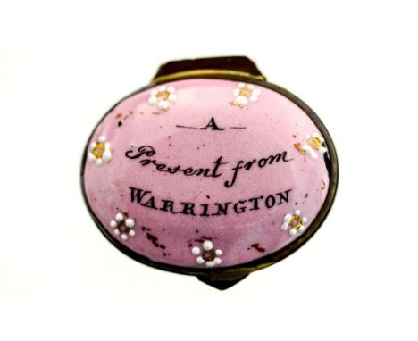 A Bilston enamelled patch box, 'a present from Warrington', pink enamelCondition : minor chipping inside, general crazing