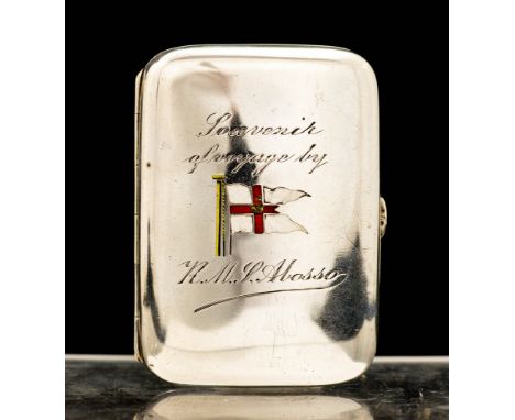 A George V silver cigarette case, plain oblong body, the hinged cover inset with enamel flag and surrounded by engraving: Sou