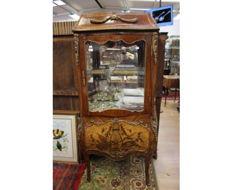 A Louis XVI design kingwood bombe vitrine, 20th Century, inlaid single door enclosing a single shelf, the lower panel to fron