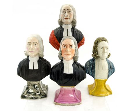 Four Staffordshire Prattware busts of John Wesley, variously colouredCondition: some restoration