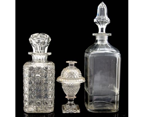 A 19th century hobnail cut pedestal mustard pot and cover, together with a spirit decanter and another, with associated stopp