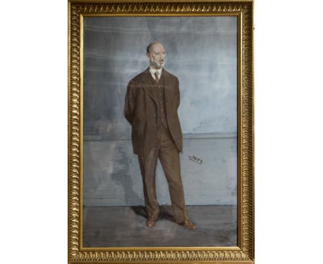 Sir Leslie Ward, 'Spy' (British, 1851-1922), Portrait of Mr F. Henry Royce, full length in a brown suit, signed Spy c.r., gou