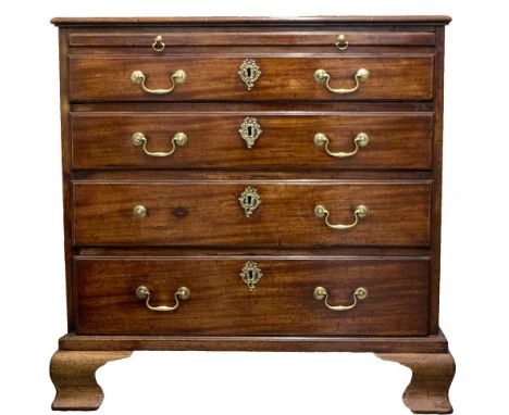 A mid 18th Century mahogany chest of drawers of small proportions, circa 1760, moulded top, brushing slide over four long gra
