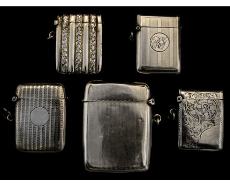 Five various George V silver vesta cases, three with engine turned decoration, two engraved with stylised foliage: Sampson Mo