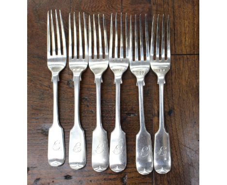 A matched set of six silver Fiddle pattern dessert forks, each engraved with a letter, 5 x William Hutton & Sons,  4 x Sheffi