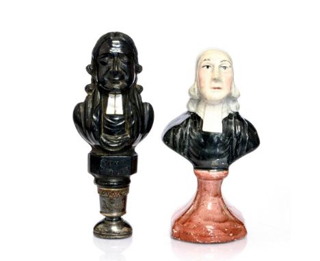 A John Wesley black resin and mother of pearl hand seal, with bloodstone inset, together with a miniature bust of Wesley (2)c