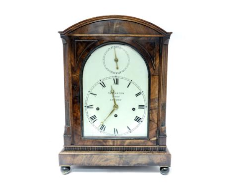 A Regency Yonge & Son Strand, London mahogany bracket clock, circa 1825, arched case with fluted pilasters, arched white pain