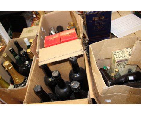 Four boxes of commemorative beers, wines, sherries, magnum of sparkling wine, two boxed bottles of Mumm Champagne etc. (four 