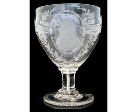 Admiral Lord Nelson, a commemorative engraved glass rummer vase, 19th Century, central wheel etched portrait within wreath ga