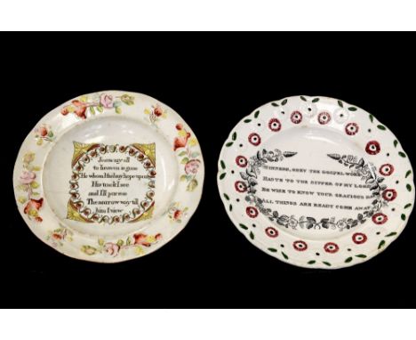 Two Prattware Methodist nursery plates with transfer printed mottos (2)condition: one cracked