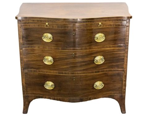 A George III mahogany and strung serpentine chest of drawers, circa 1800, brushing slide over three long drawers with stamped