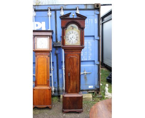 A George III mahogany eight day longcase clock, the dial inscribed 'Joshua Harrocks, Lancaster', the hood with a broken pedim