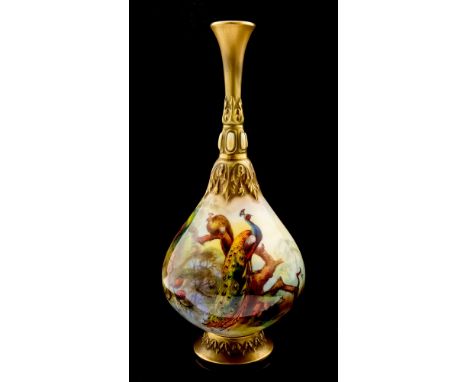 A Royal Worcester bulbous narrow necked vase, signed F.J. Bray, peacock and pea-hen on pine tree branch, green backstamp, Reg