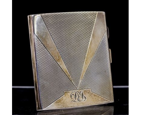 An Art Deco silver cigarette case, the cover and base with engine turned decoration, the cover with sun beam design and engra