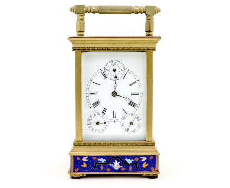 A late 19th Century French brass carriage clock, circa 1880, corniche case with dentil cornice incorporating champleve enamel