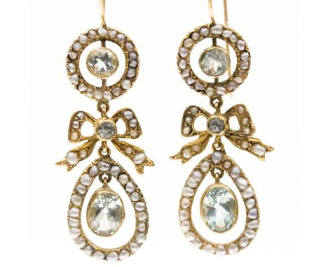 A pair of Victorian garland style aquamarine and seed pearl cluster yellow metal drop earrings, shepherd hook pierced ear fit