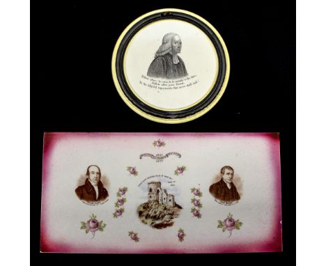 A Staffordshire prattware plaque of John Wesley with verse, together with a Primitive Methodist Centenary plaque (2)condition