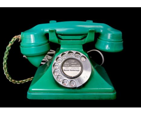 A very rare Art Deco jade green coloured GPO 200 series desk telephone, dated 1935, of pyramid form with an alphabet dial and