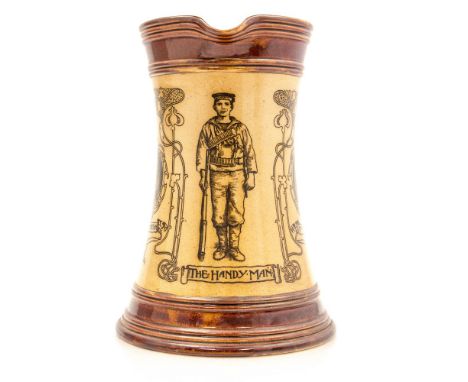 A large Doulton Lambeth jug with Art Nouveau styling depicting Capt P.M. Scott, Capt H.L. Laubton and 'The Handy Man' 