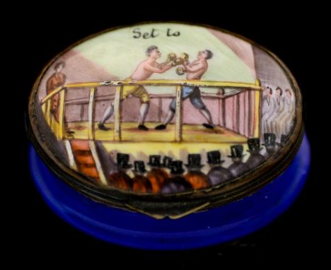 A late 18th Century Bilston enamel oval patch box, circa 1770, the hinged cover with a boxing match scene titled 'Set To', bl