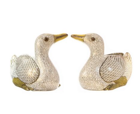 A pair of Chinese cloisonné Ducks, white enamel on brass, modelled in sitting pose (2)Provenance: Edward Newcombe, born in 18