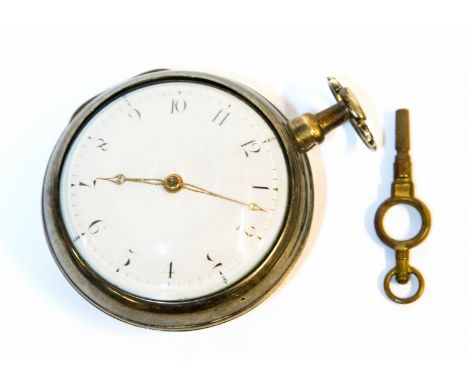 A George III silver pair cased pocket watch, 1810, white enamelled 4.5cm circular dial, verge escapement, etched and reticula