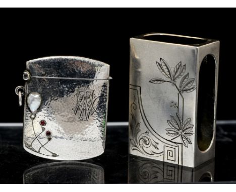 An Art Nouveau style German silver vesta case, mottled body inset with mother-of-pearl motif, Henirich Levinger, import marks