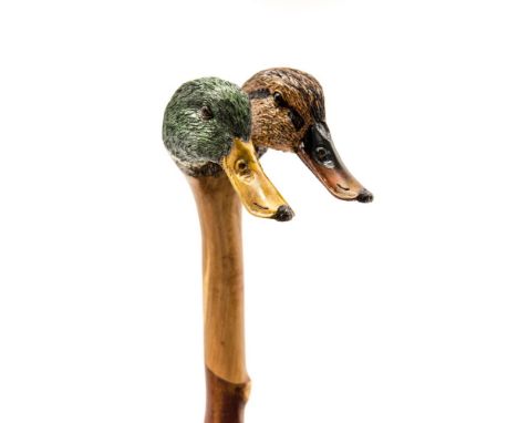 Ian Taylor, a fine hand crafted Duck and Drake twin handled walking stick, the shaft made from crabapple, complete with certi