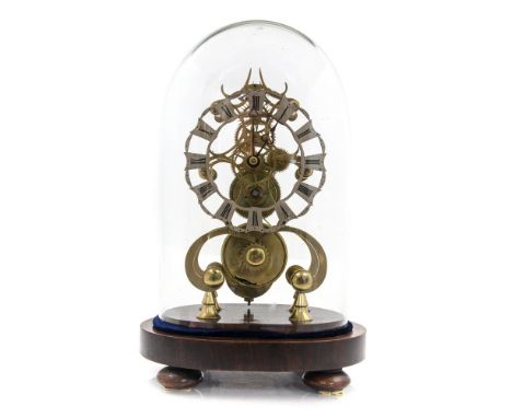 A small 19th Century brass skeleton bracket clock, silvered chapter ring with Roman numerals, six spoke wheels, under a glass
