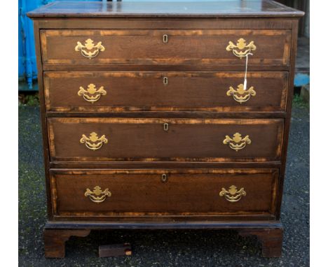 A George II oak chest of drawers, four long graduated drawers, bracket feet, 95cm high, 94cm wide, 52cm deep
