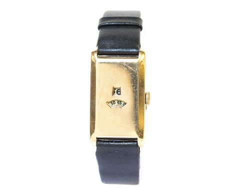 A 1930's Art Deco Swiss 9ct gold gentlemen's 'Jump Hour' wristwatch, No. 502272, with a replacement black leather strap 
