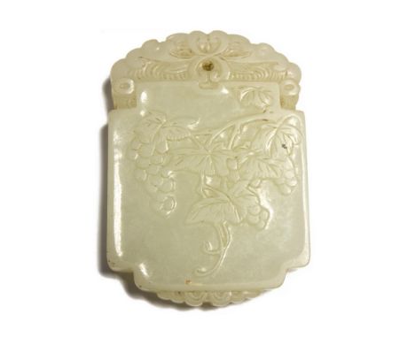 A Chinese pale jade pendant, one side carved with a grape vine, 5cm by 3.5cm