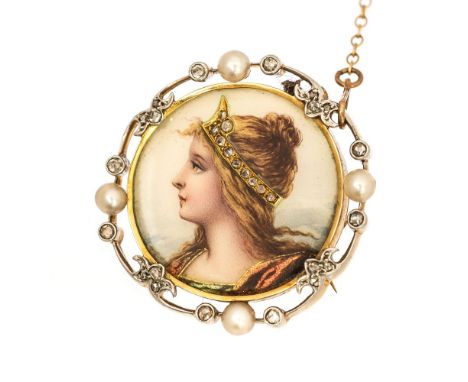 A Belle Epoque pearl, diamond and enamel brooch, the central circular panel enamelled with Pre-Raphelite style portrait of la