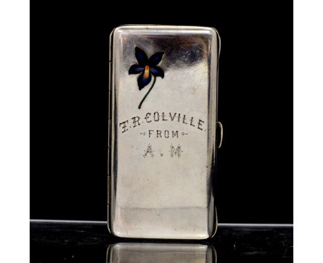 A German 800 standard silver card case, plain oblong the cover inset with enamel violet and engraved: T R COLVILLE FROM A.M, 