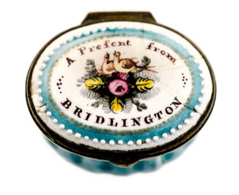 A Bilston enamelled patch box, 'a present from Bridlington', floral spray and partridges to lidCondition : minor crazing and 