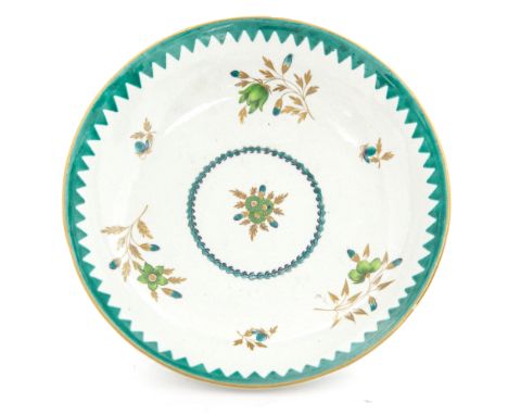 A Worcester dish, circa 1765, green border with gilt floral sprays, 19.5cm diametercondition: no damage or restoration